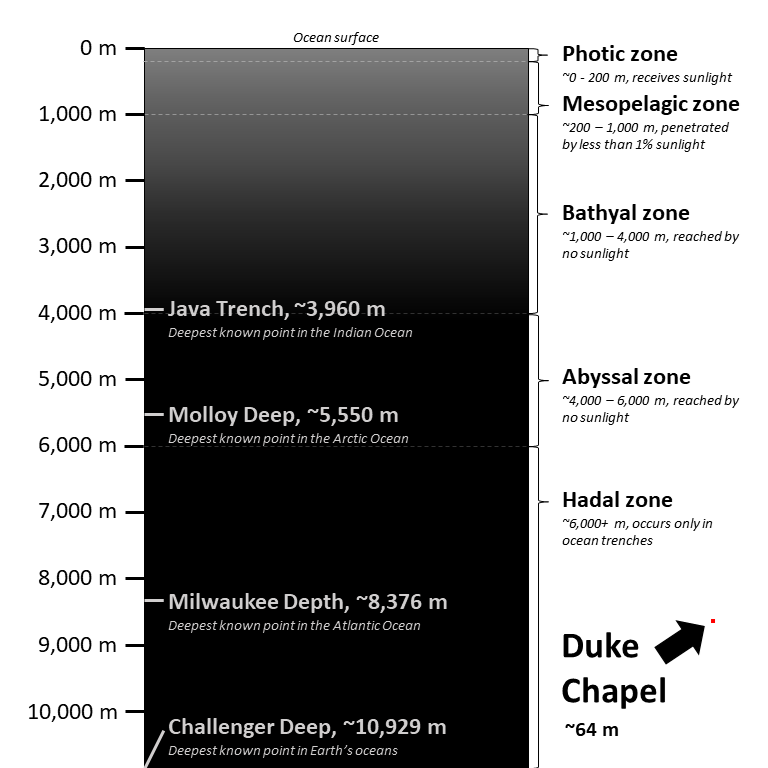 Size comparison of Duke Chapel and ocean depths